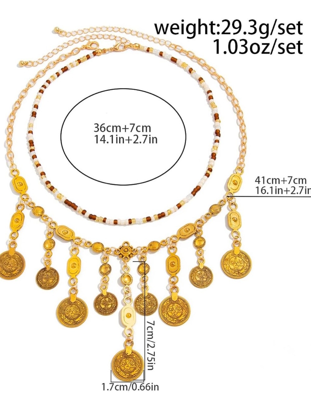 Anthropologie Gold Coin Fringe Necklace with Brown & Cream Beads - Picture 9 of 9